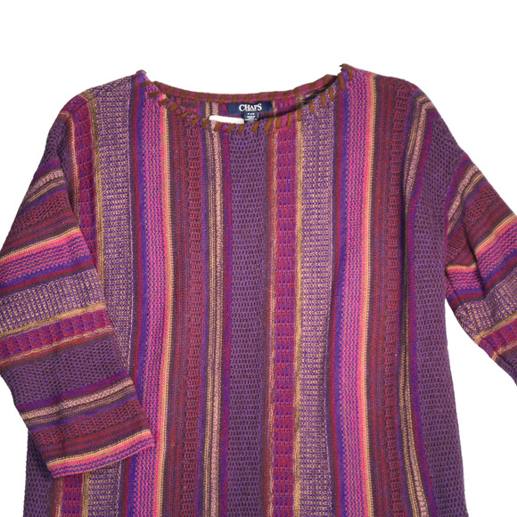Chaps Sweater Womens PL Petite Large Purple Stripe Leather Trim Preppy Classic - Picture 2 of 8